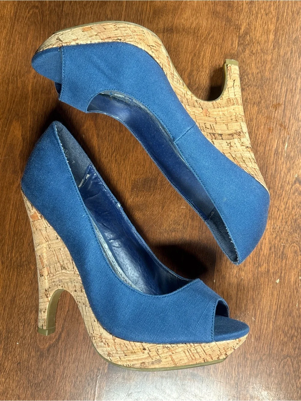 BAMBOO Blue Canvas Cork Platform Peep-Toe Wedges
